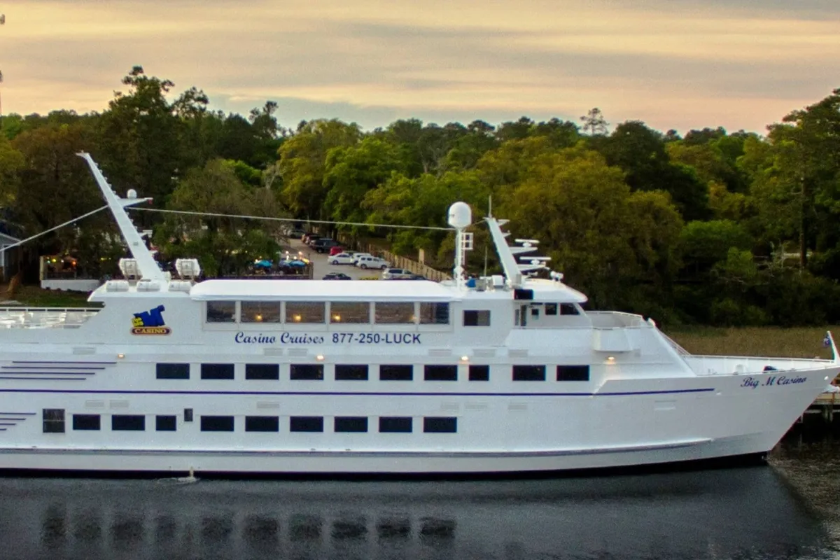 A large white cruise ship is docked along a lush, green riverbank, inviting guests to board for a scenic journey. The setting is tranquil, with the calm river reflecting the natural beauty and the cruise ship promising excitement with features like on-board dining and entertainment.